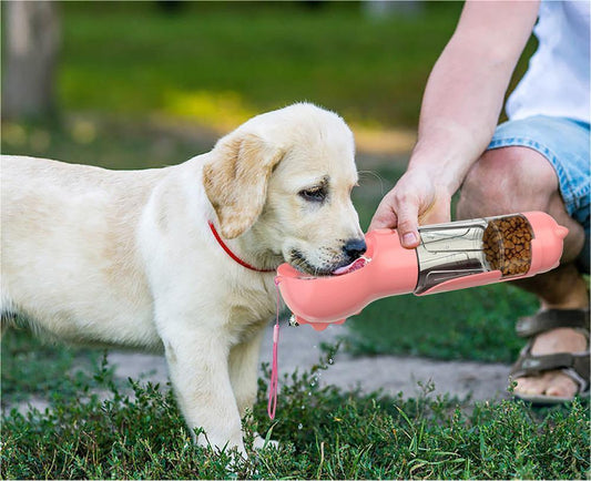 3-in-1 Pet Travel Bottle – Feeder, Water, and Bag Storage!